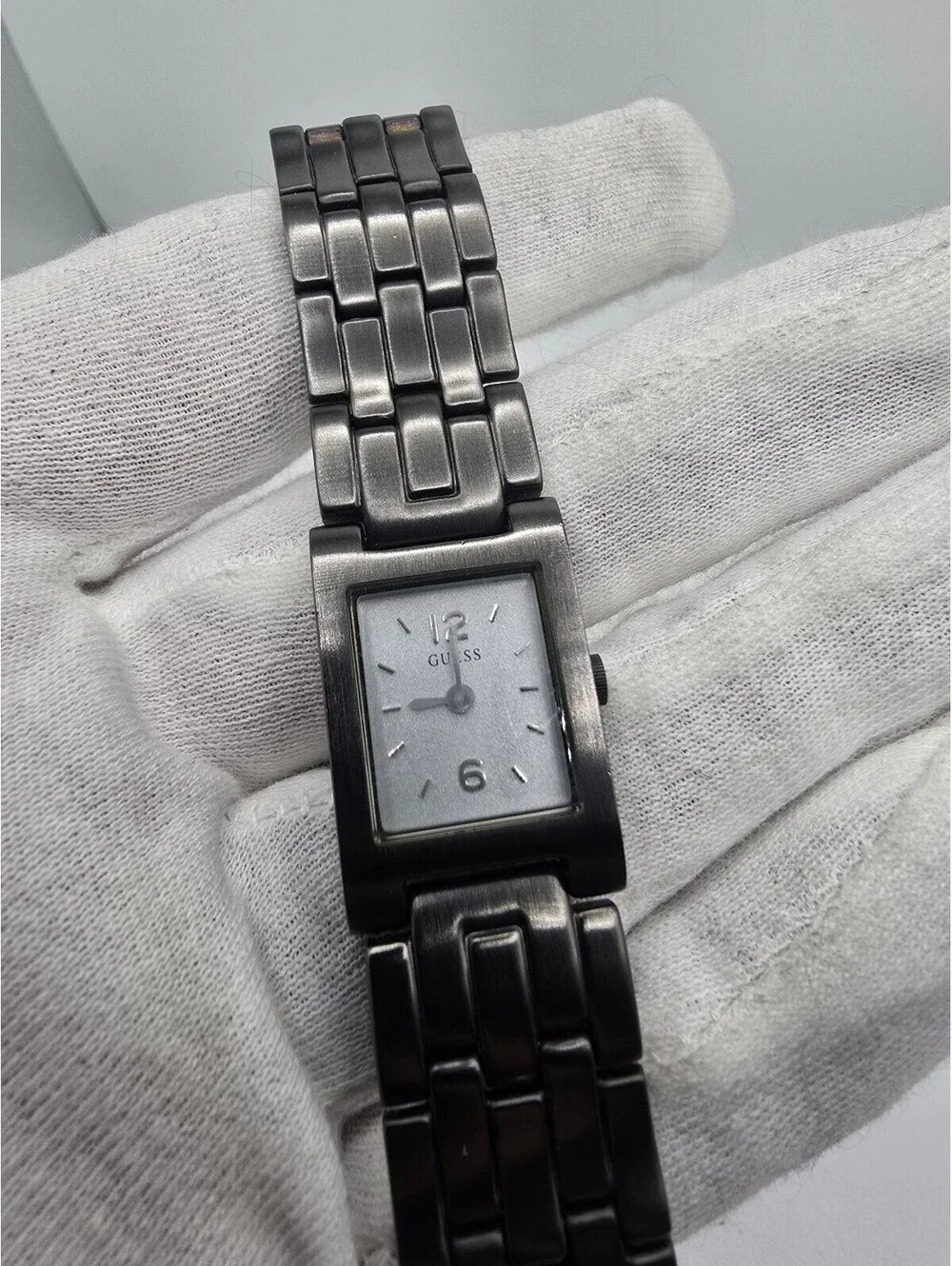 GUESS Women’s Quartz Analog Rectangle Watch Silver Dial Gray Stainless Bracelet
